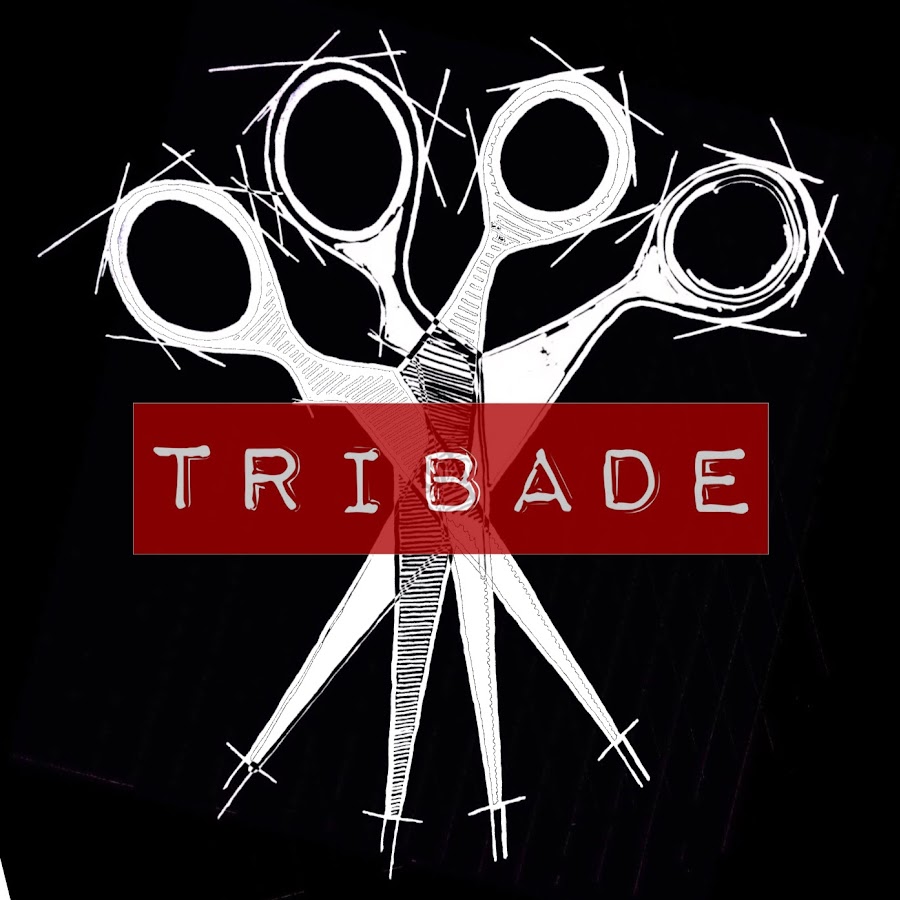 Band logo, two pairs of scissors behind "Tribade" in white on a red banner.